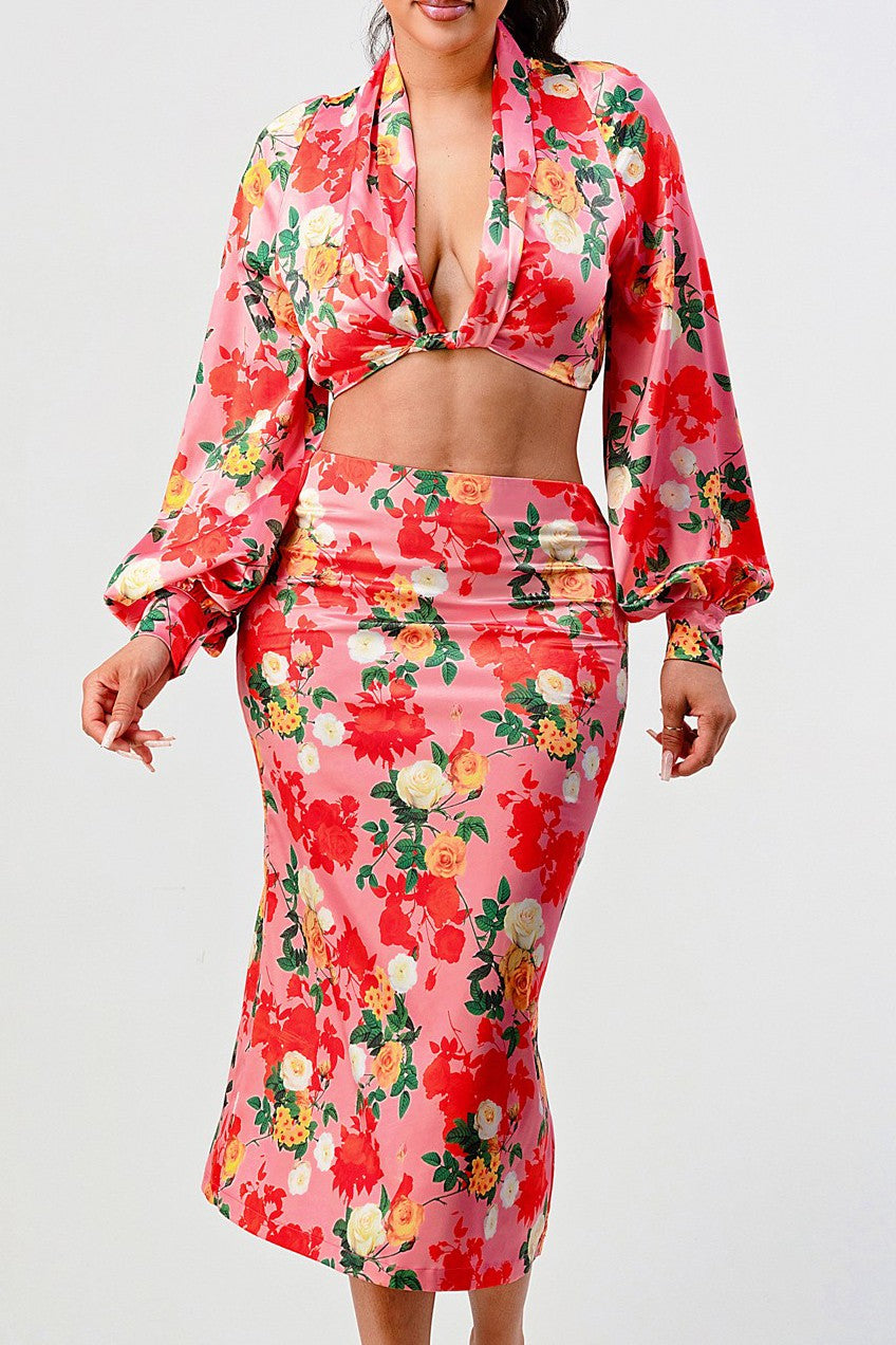 Rose garden long sleeve crop top and skirt set- WS