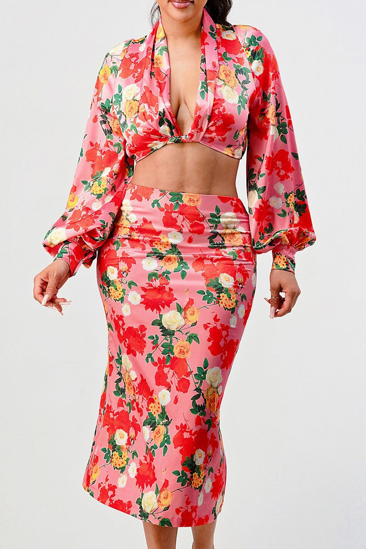 Rose garden long sleeve crop top and skirt set- WS