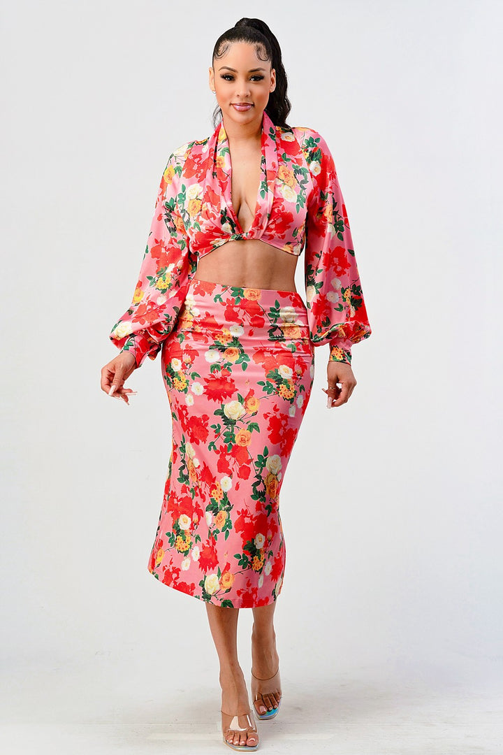 Rose garden long sleeve crop top and skirt set- WS
