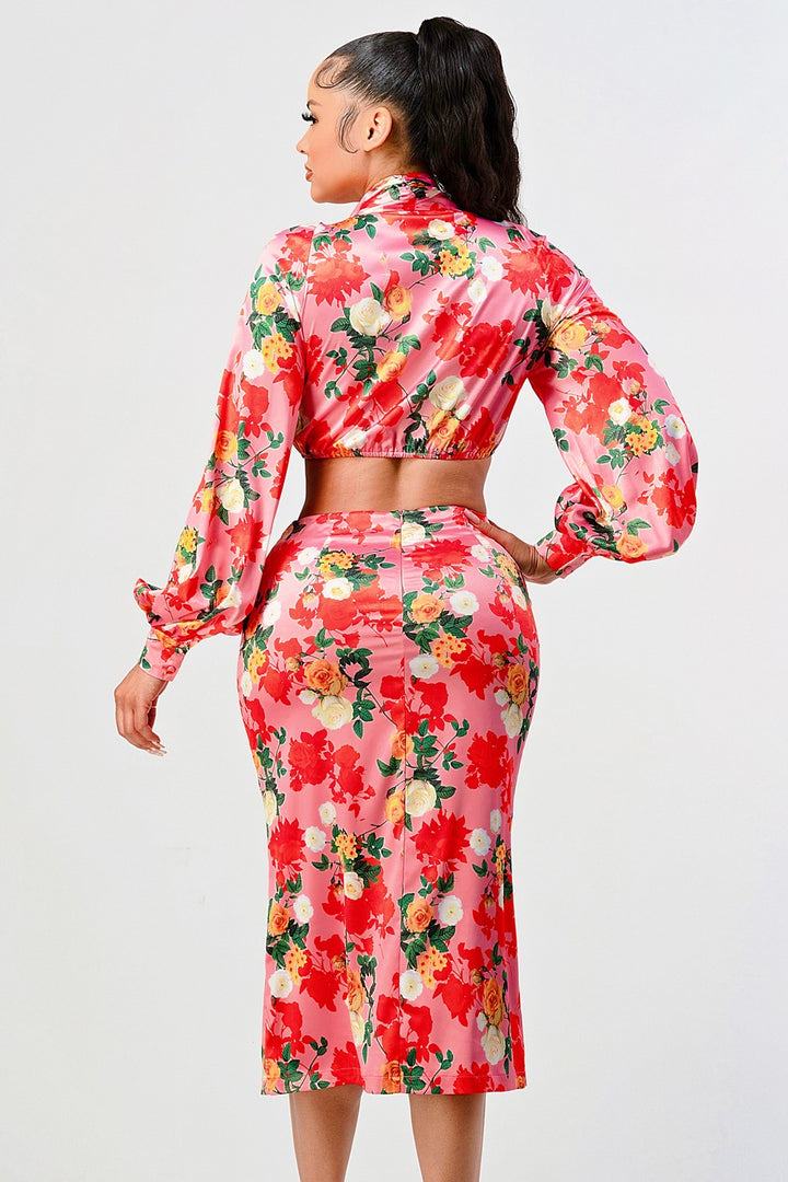 Rose garden long sleeve crop top and skirt set- WS