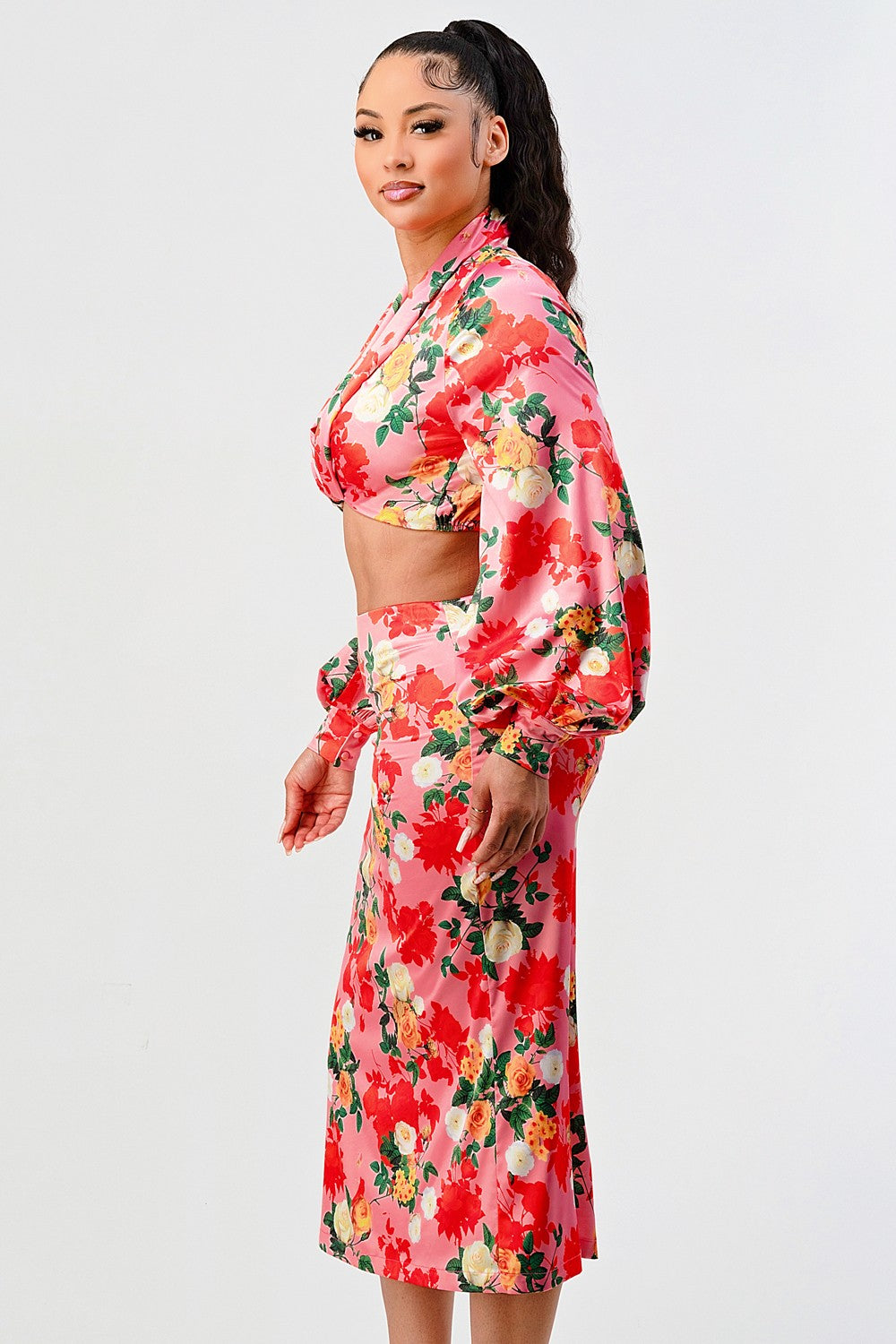 Rose garden long sleeve crop top and skirt set- WS