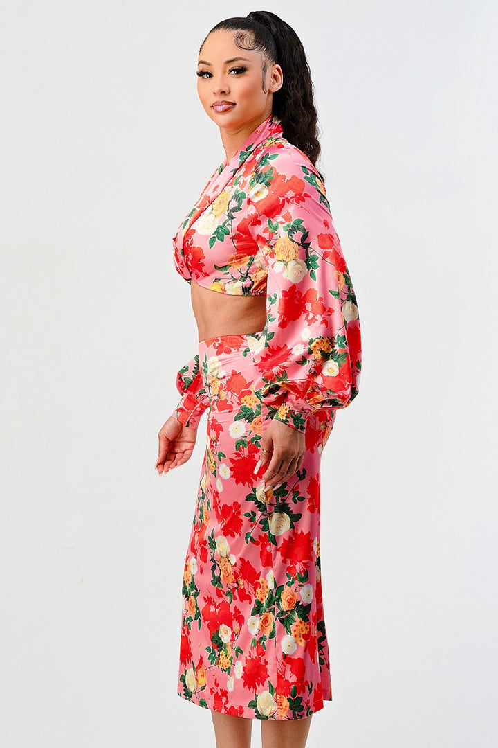 Rose garden long sleeve crop top and skirt set- WS
