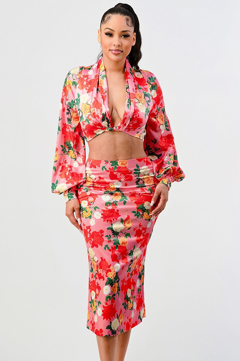 Rose garden long sleeve crop top and skirt set- WS