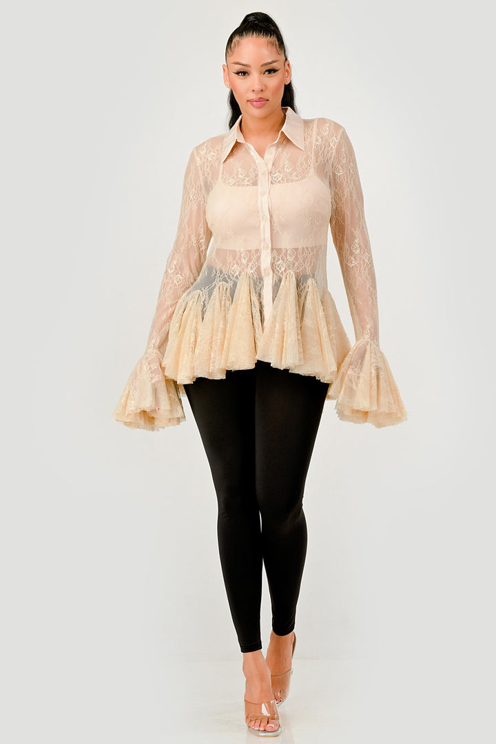 Sheer Lace Peplum Flare Sleeve Blouse/ETA 10.31.2025-WS