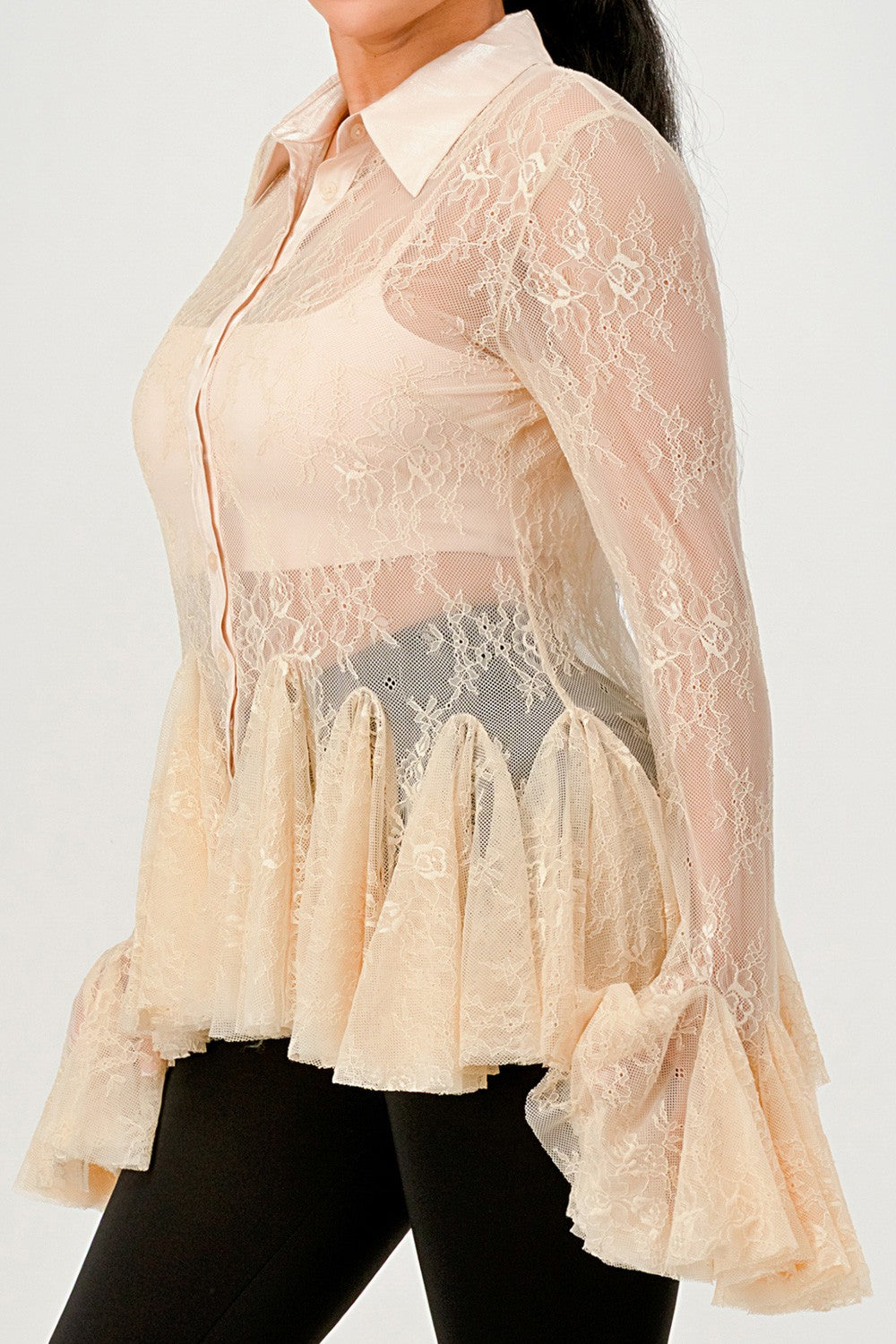 Sheer Lace Peplum Flare Sleeve Blouse/ETA 10.31.2025-WS