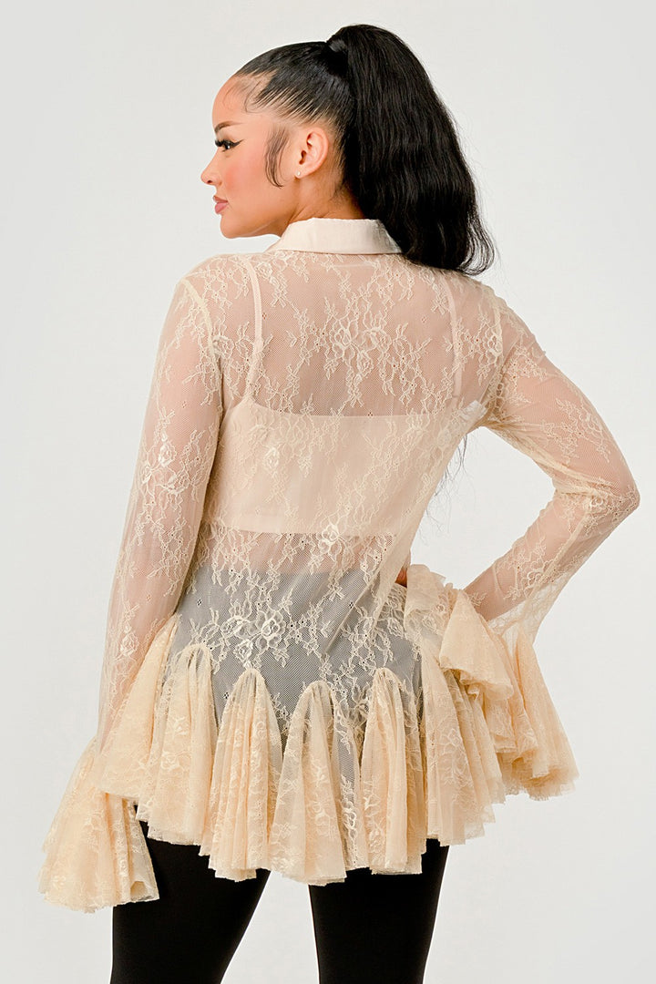Sheer Lace Peplum Flare Sleeve Blouse/ETA 10.31.2025-WS