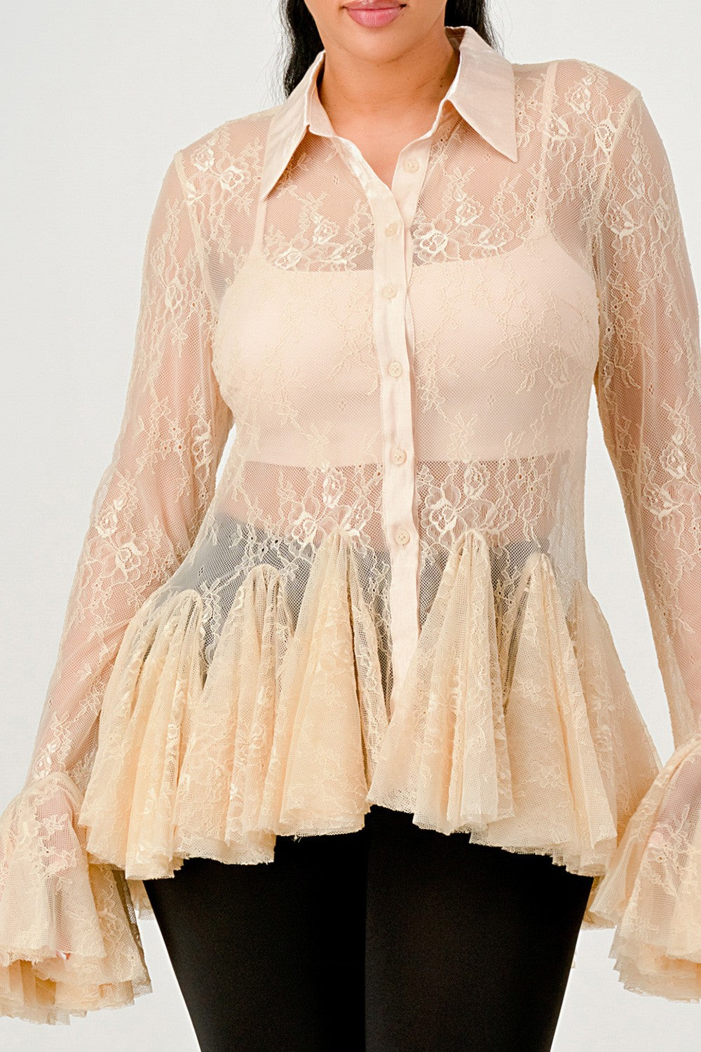 Sheer Lace Peplum Flare Sleeve Blouse/ETA 10.31.2025-WS