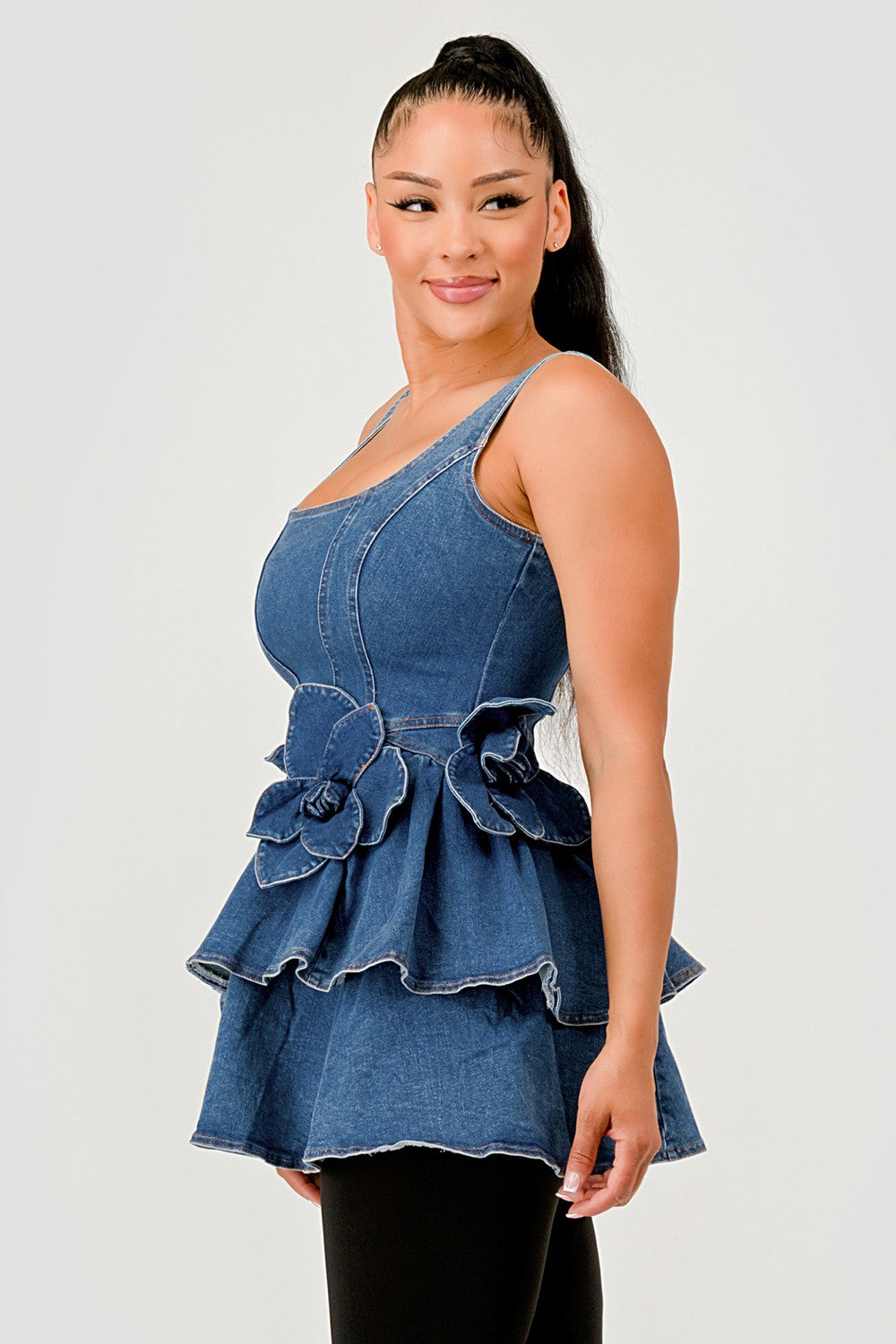 Ruffle Bloom Denim Peplum Top-WS