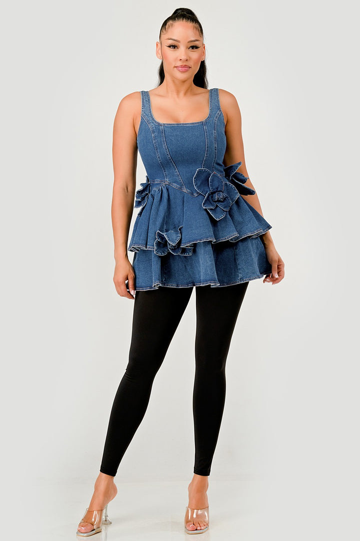 Ruffle Bloom Denim Peplum Top-WS