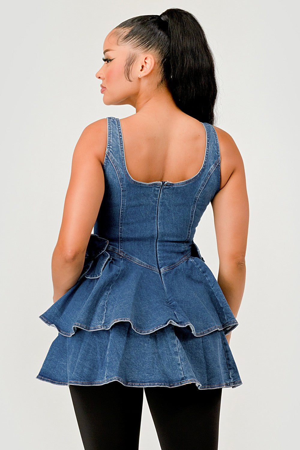 Ruffle Bloom Denim Peplum Top-WS
