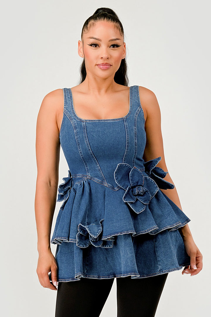 Ruffle Bloom Denim Peplum Top-WS